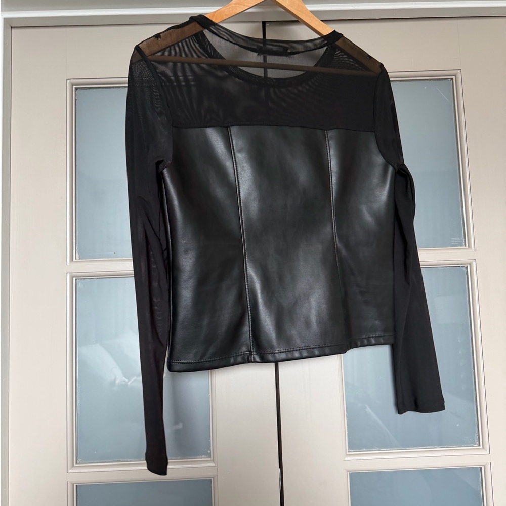 LAmade Black Mesh and Faux Leather Blouse